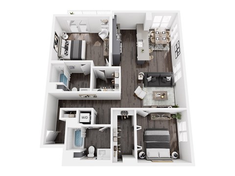 A top down view of a small apartment with a living room, kitchen, and bathroom.
